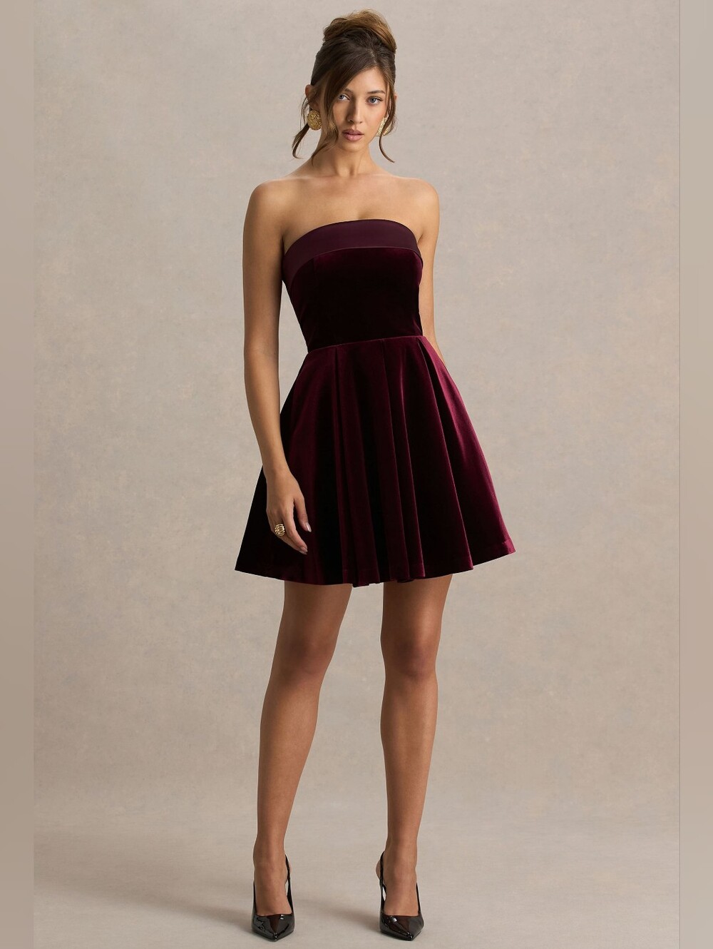 Club L London Mina Burgundy Velvet Bandeau Skater Mini Dress